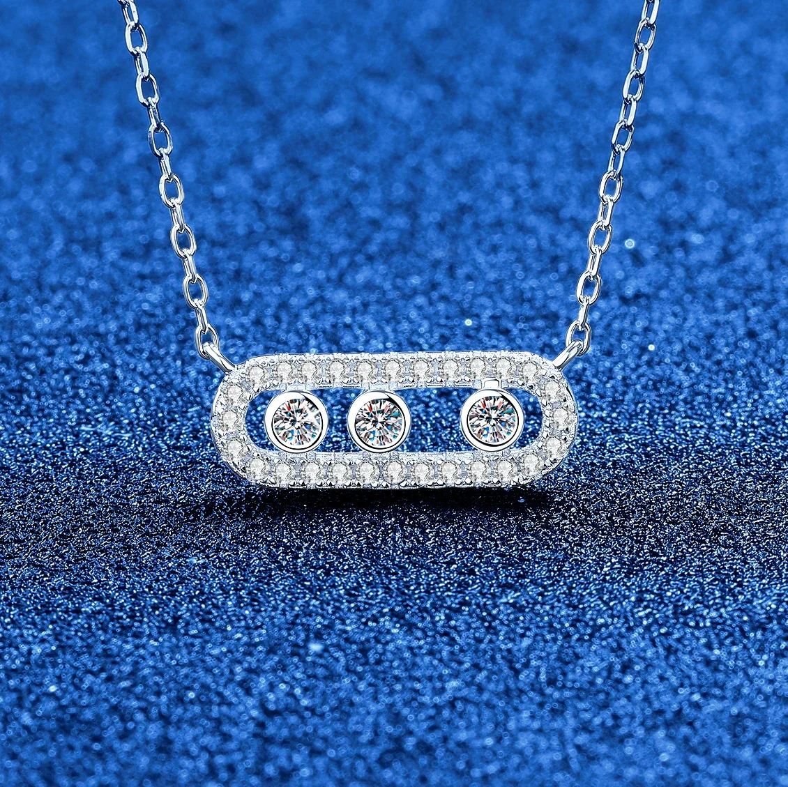 Luminous 925 Sterling Silver Pavé Oval Triple-Bezel Necklace - Silver Moissanite