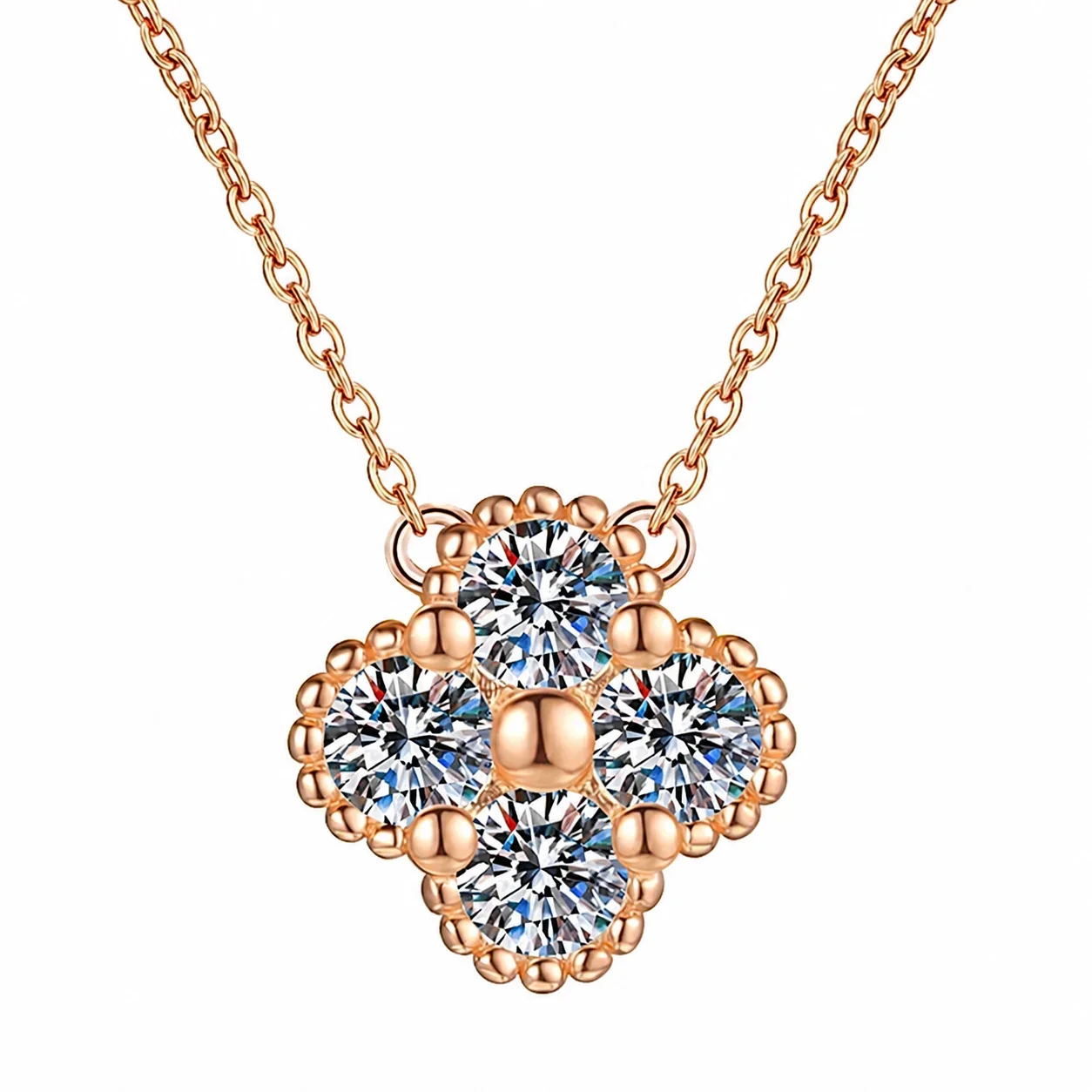 Beaded Clover Round Moissanite 925 Sterling Silver Necklace