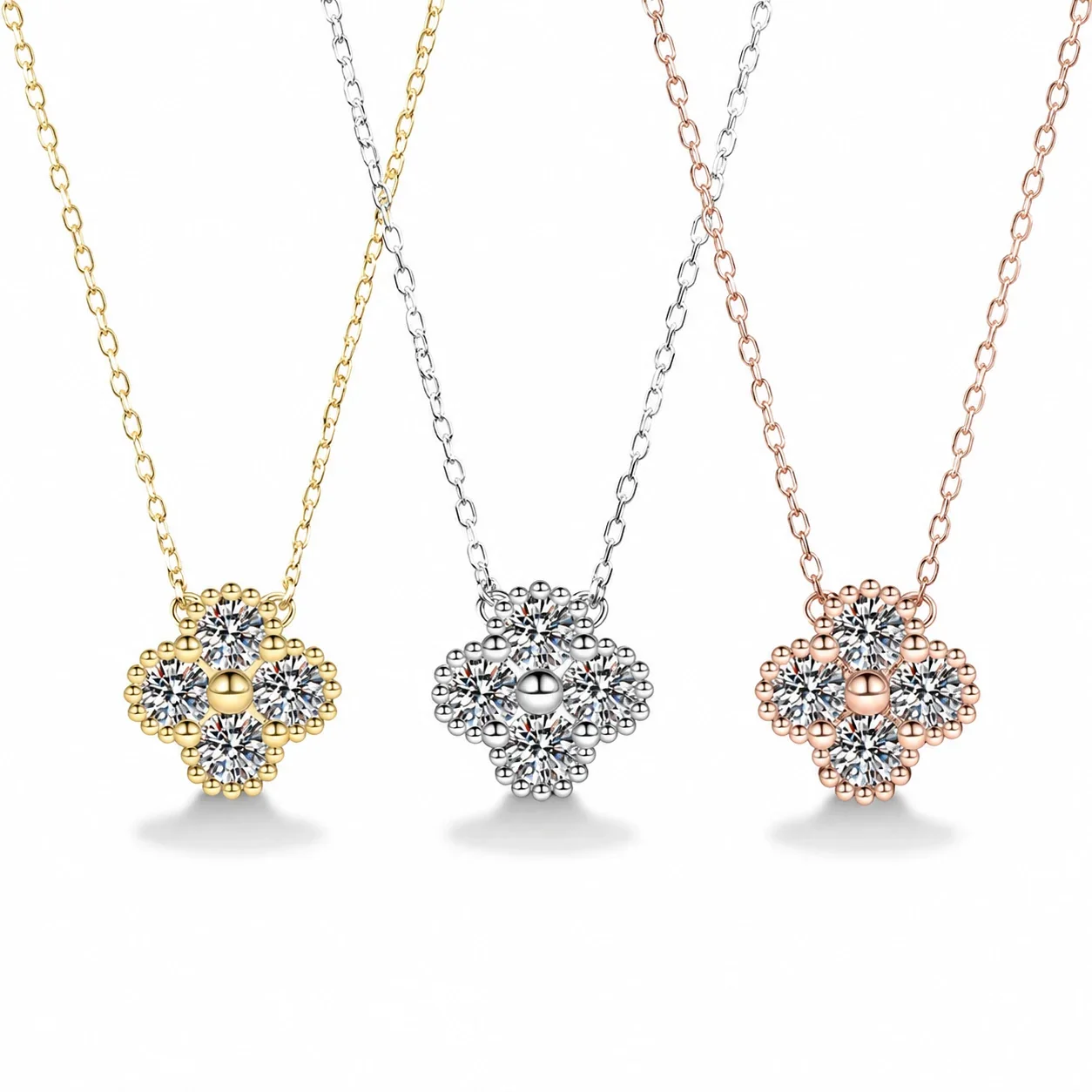 Beaded Clover Round Moissanite 925 Sterling Silver Necklace