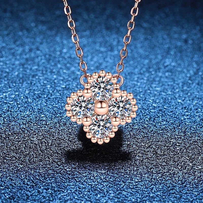 Beaded Clover Round Moissanite 925 Sterling Silver Necklace