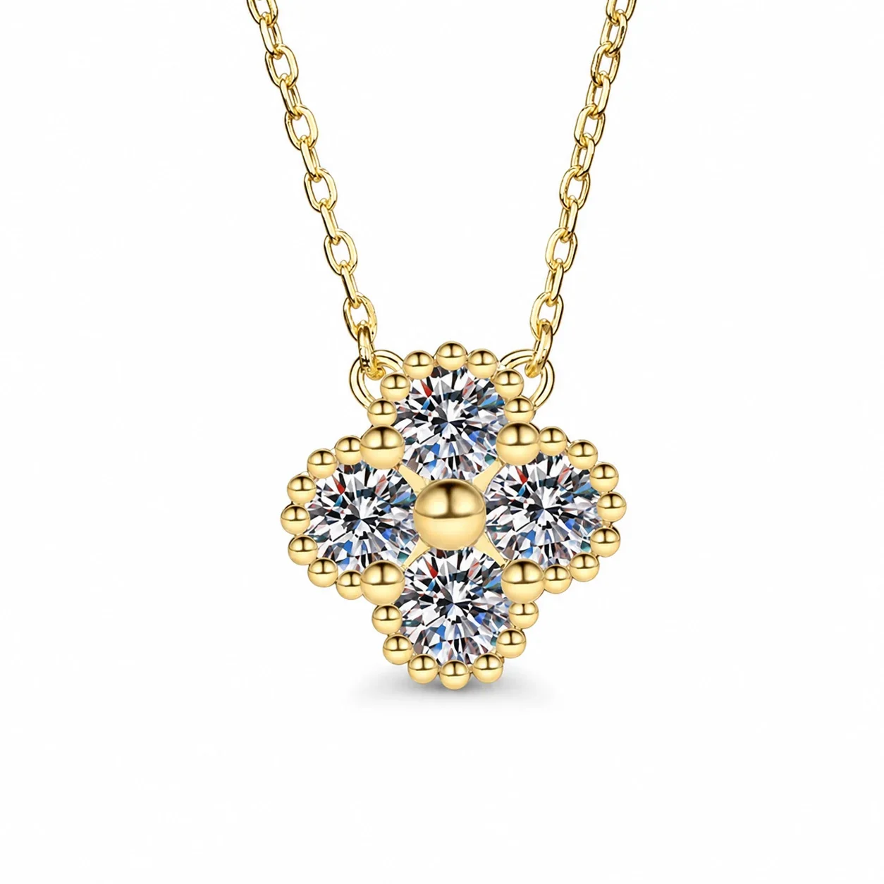 Beaded Clover Round Moissanite 925 Sterling Silver Necklace