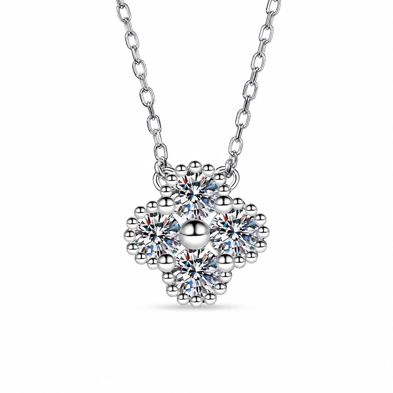 Beaded Clover Round Moissanite 925 Sterling Silver Necklace