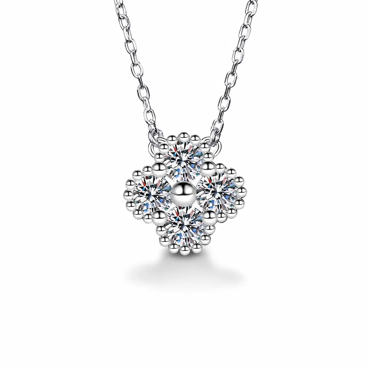 Beaded Clover Round Moissanite 925 Sterling Silver Necklace - Silver . ct Moissanite