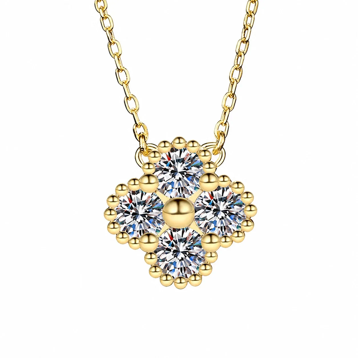 Beaded Clover Round Moissanite 925 Sterling Silver Necklace - Gold . ct Moissanite