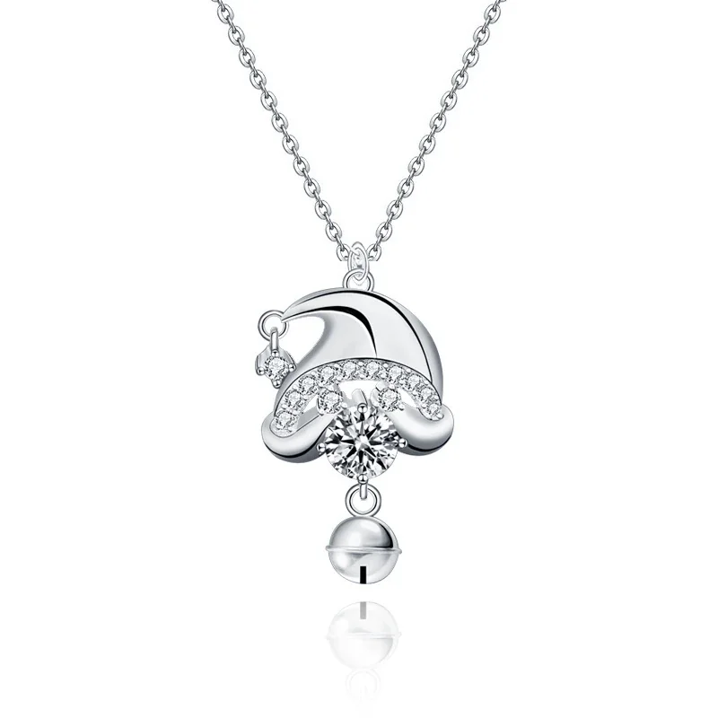 Whimsical 925 Sterling Silver Santa Hat Bell Moissanite Necklace