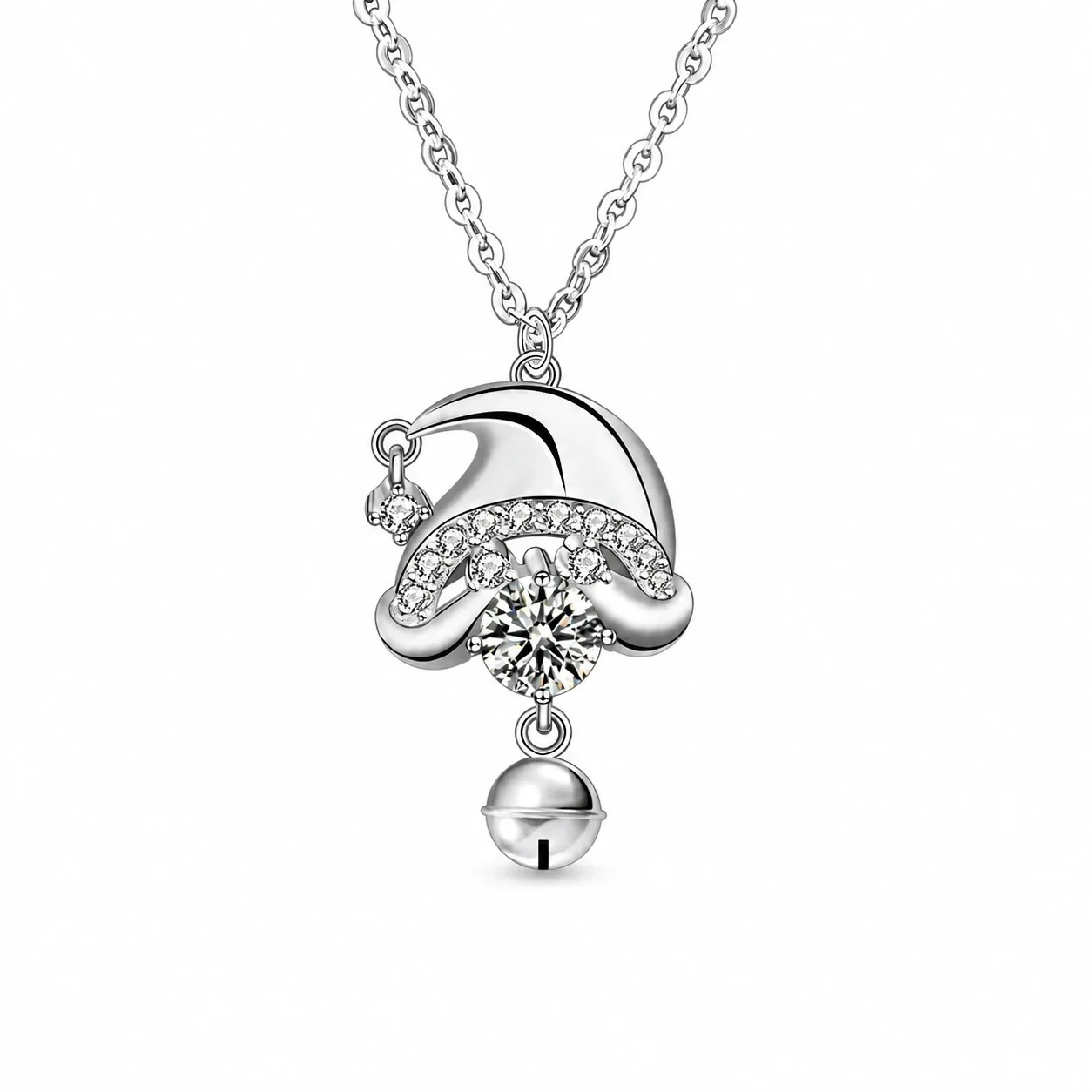 Whimsical 925 Sterling Silver Santa Hat Bell Necklace