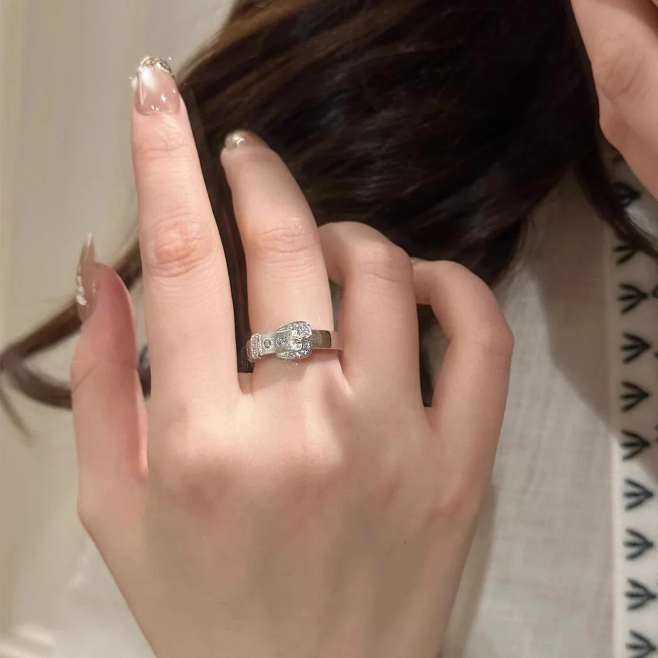 Refined Silver-Plated Buckle Pavé Wide-Band Copper Ring