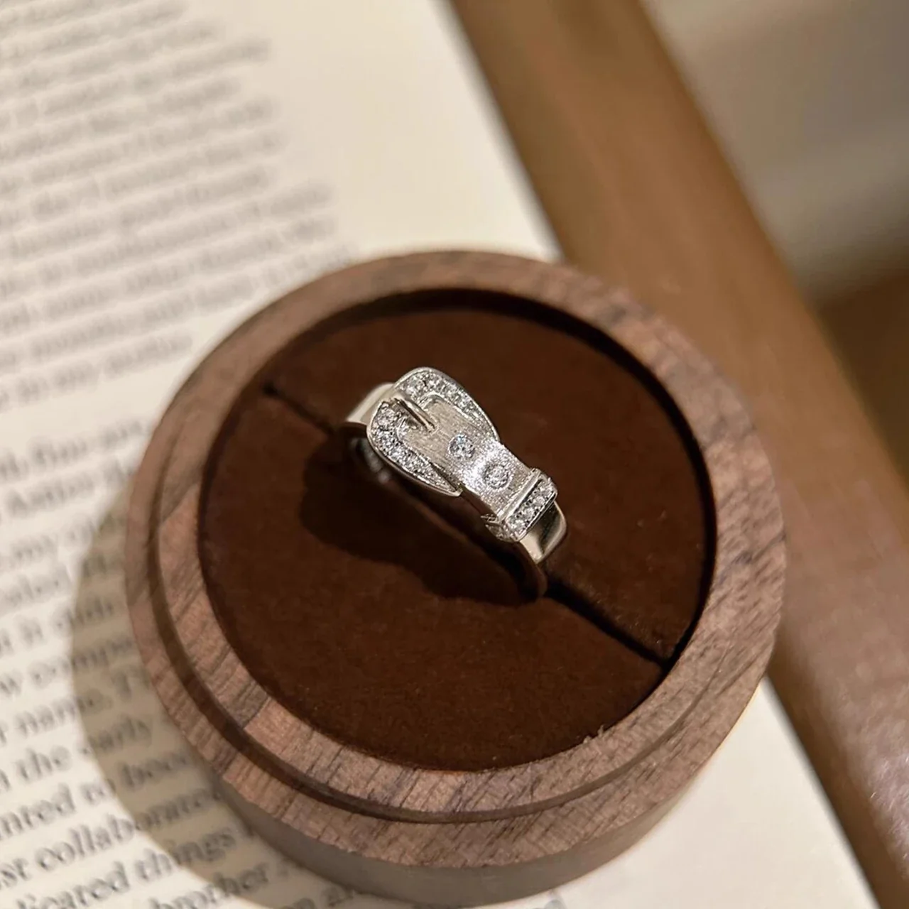 Refined Silver-Plated Buckle Pavé Wide-Band Copper Ring