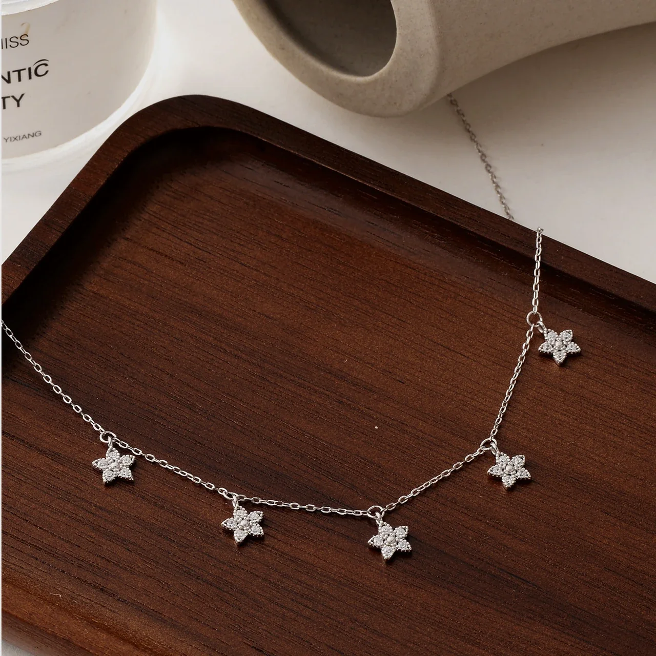 Dainty 925 Sterling Silver Five Flower Charm Necklace