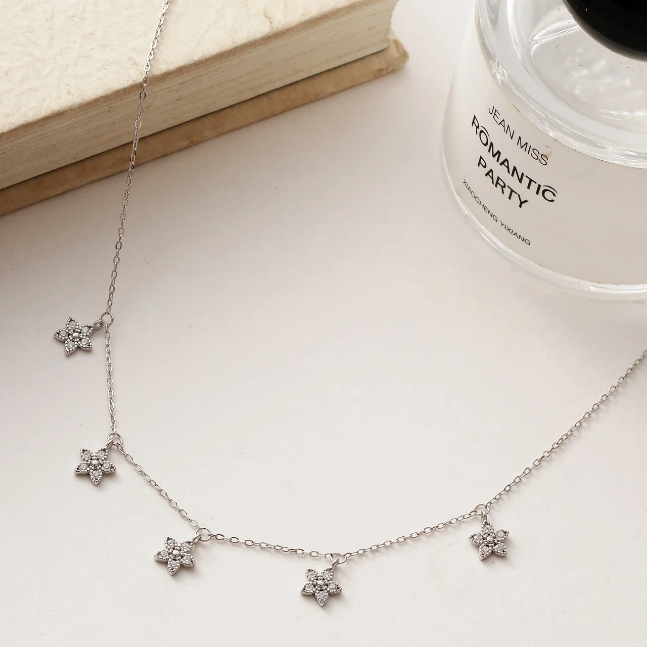 Dainty 925 Sterling Silver Five Flower Charm Necklace