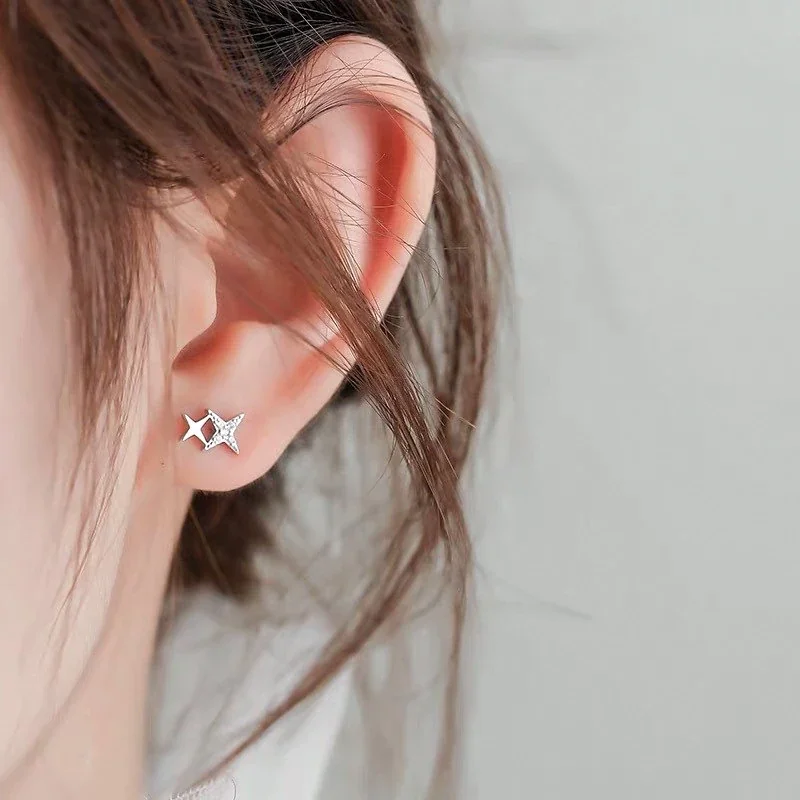 Celestial 925 Sterling Silver Dual-Star Clear-Stone Stud Earrings