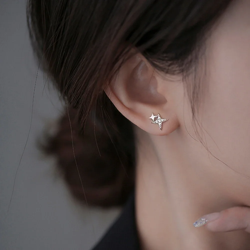 Celestial 925 Sterling Silver Dual-Star Clear-Stone Stud Earrings