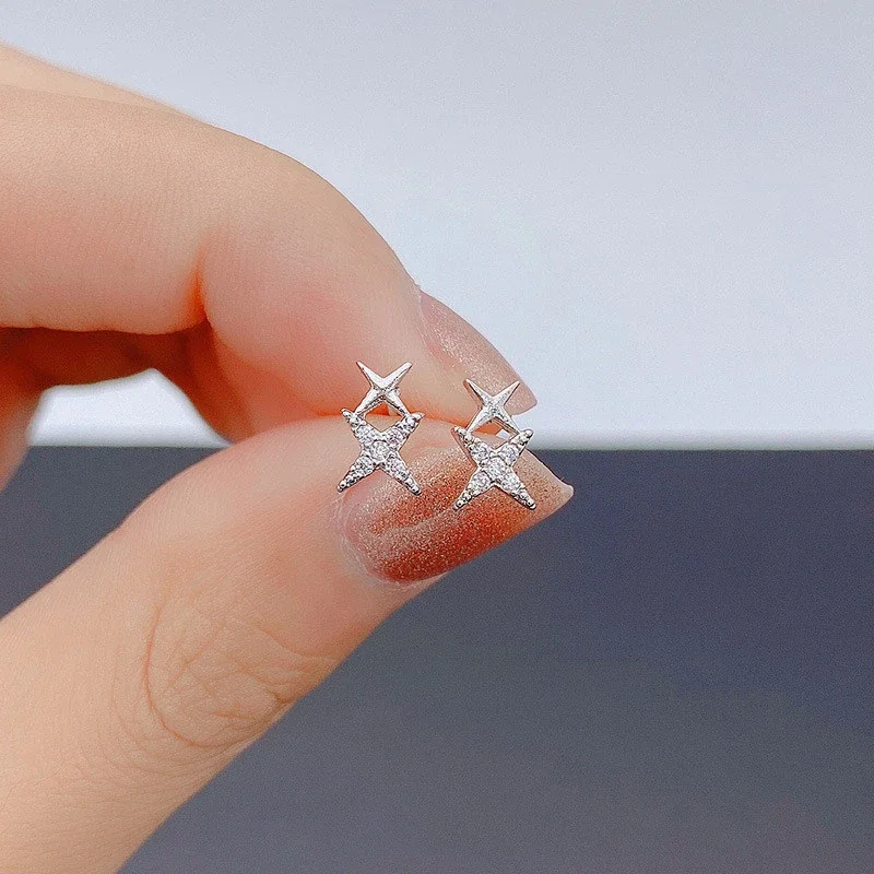 Celestial 925 Sterling Silver Dual-Star Clear-Stone Stud Earrings