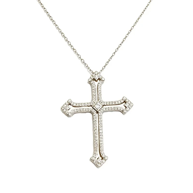 Gothic 925 Sterling Silver Pavé Cross Pendant Necklace
