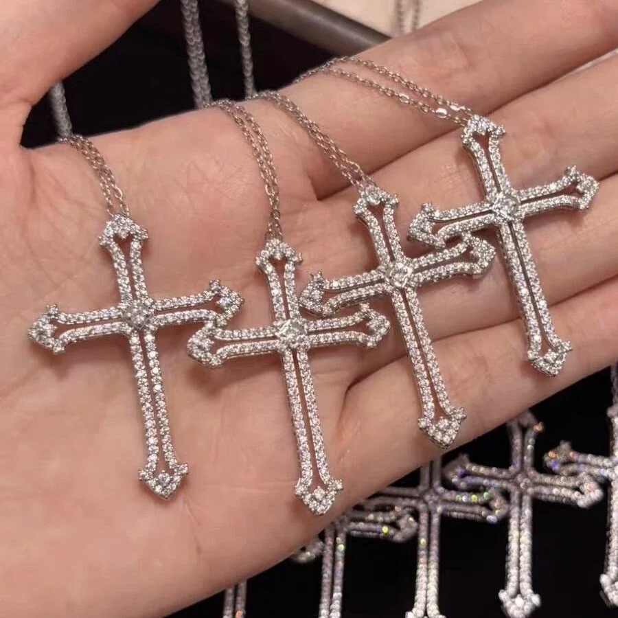 Gothic 925 Sterling Silver Pavé Cross Pendant Necklace
