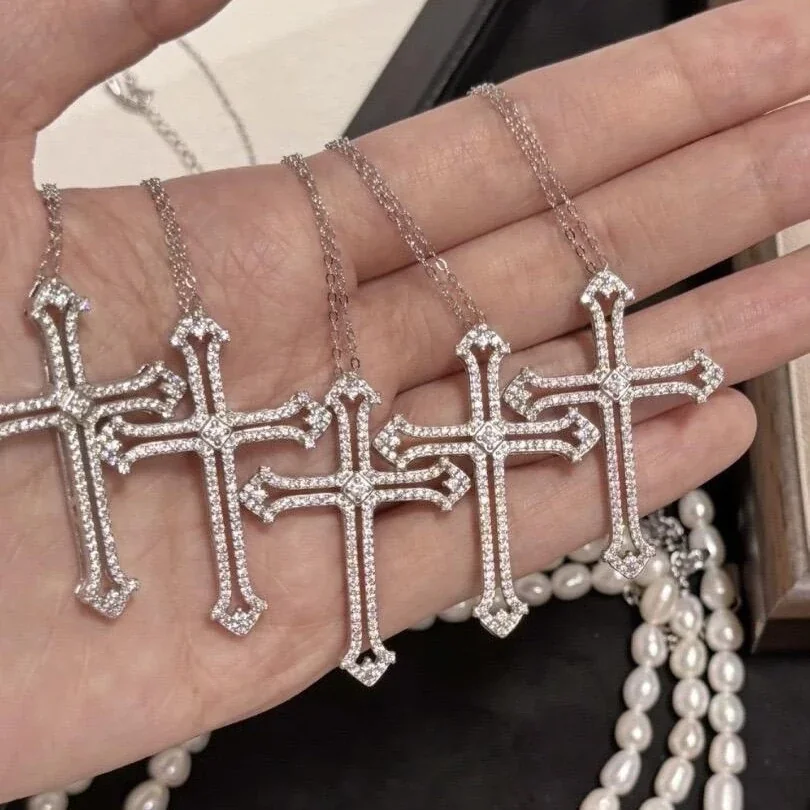 Gothic 925 Sterling Silver Pavé Cross Pendant Necklace