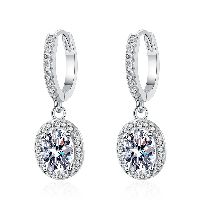 Oval Halo 925 Sterling Silver Pavé Hoop Drop Earrings