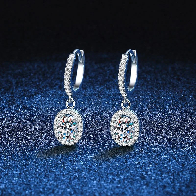 Oval Halo 925 Sterling Silver Pavé Hoop Drop Earrings