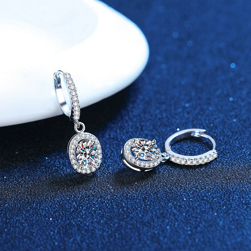 Oval Halo 925 Sterling Silver Pavé Hoop Drop Earrings