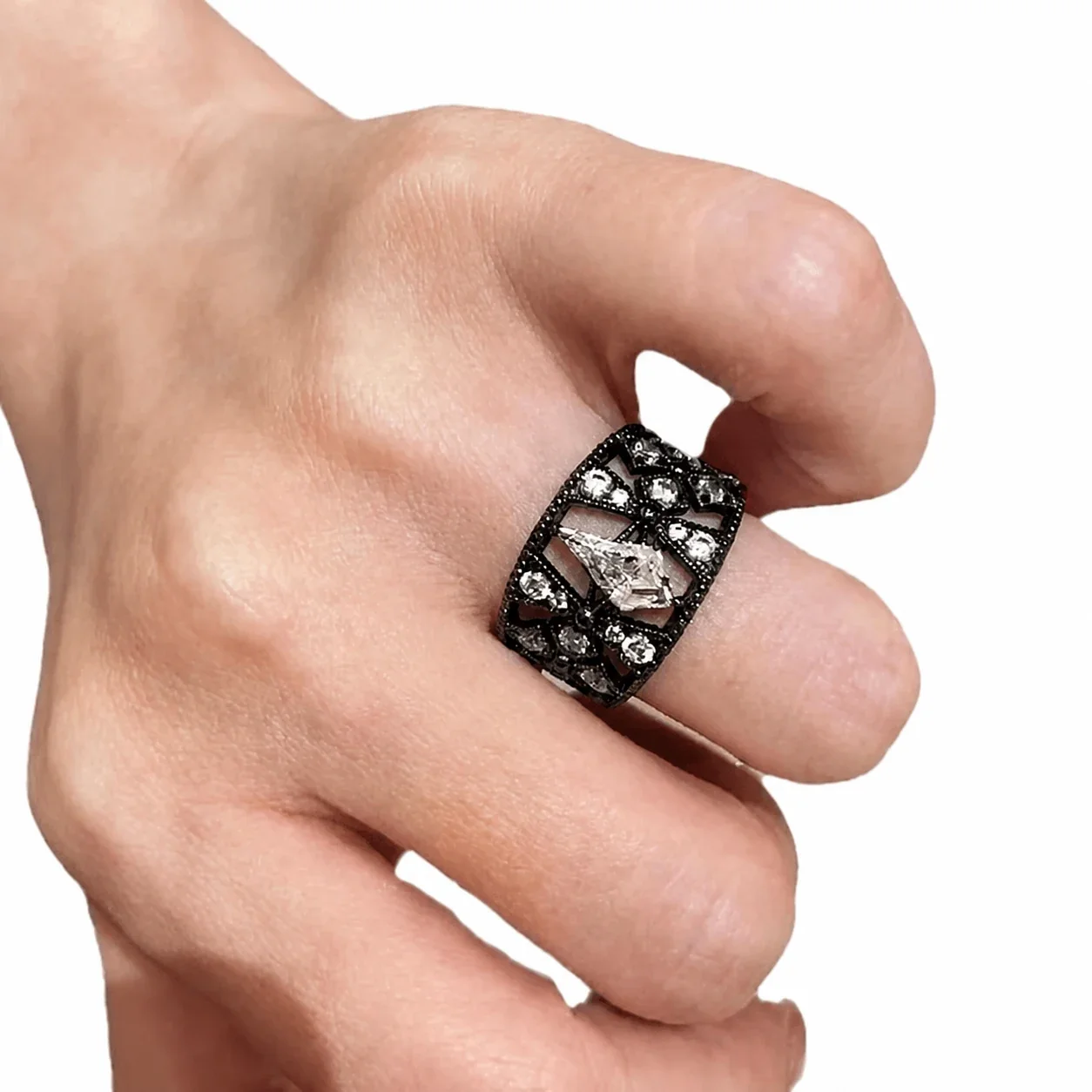 Ornate Black-Plated Copper Lattice Pear CZ Ring