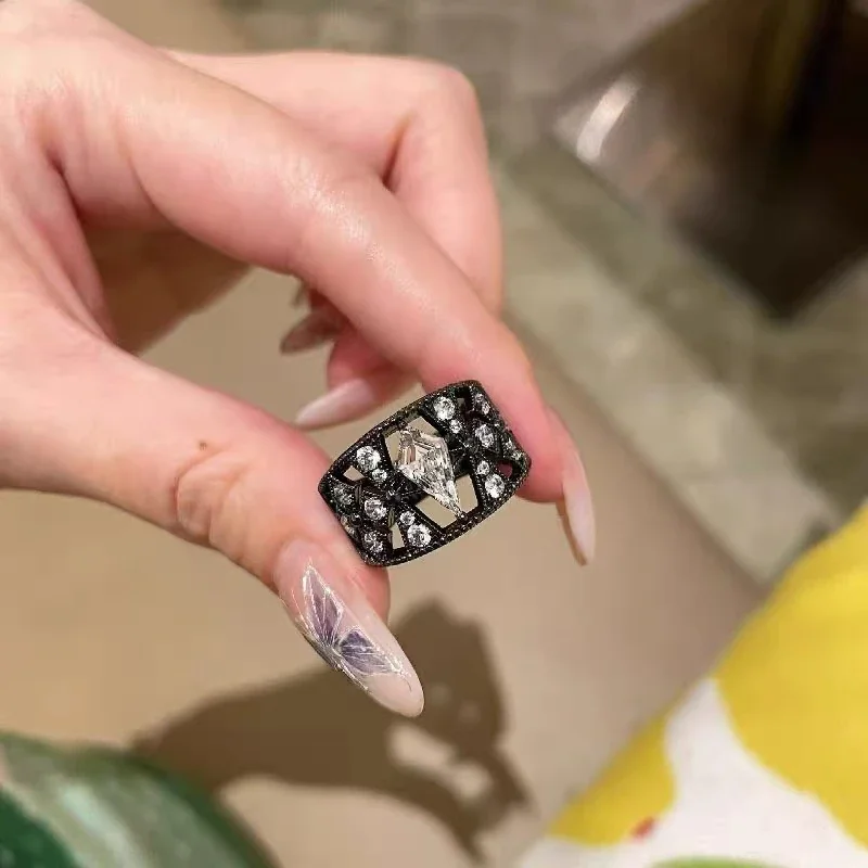 Ornate Black-Plated Copper Lattice Pear CZ Ring