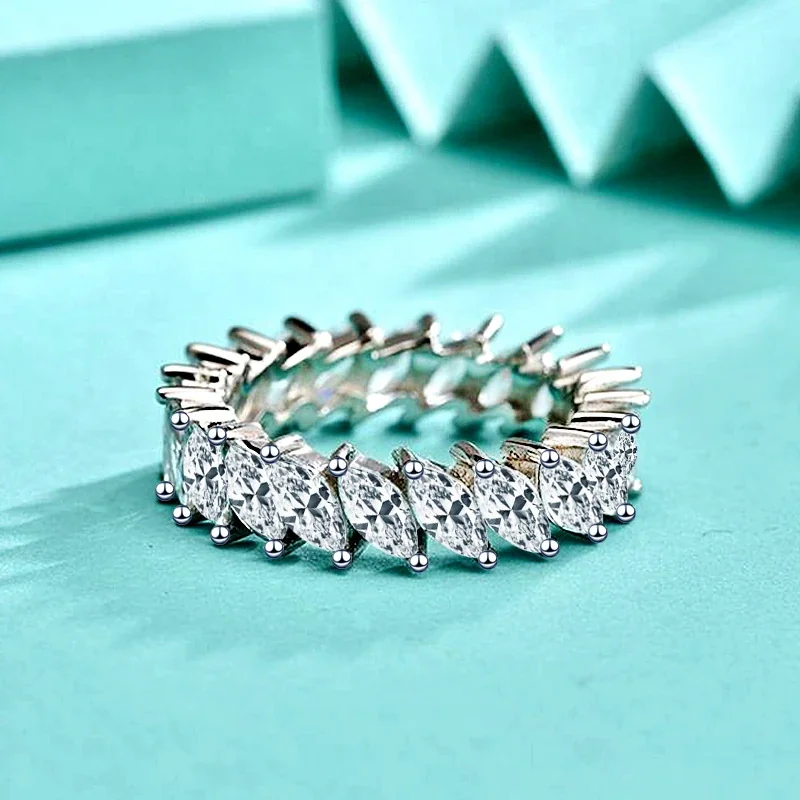 Radiant 925 Sterling Silver Marquise Prong-Set Eternity Ring - Platinum-Tone