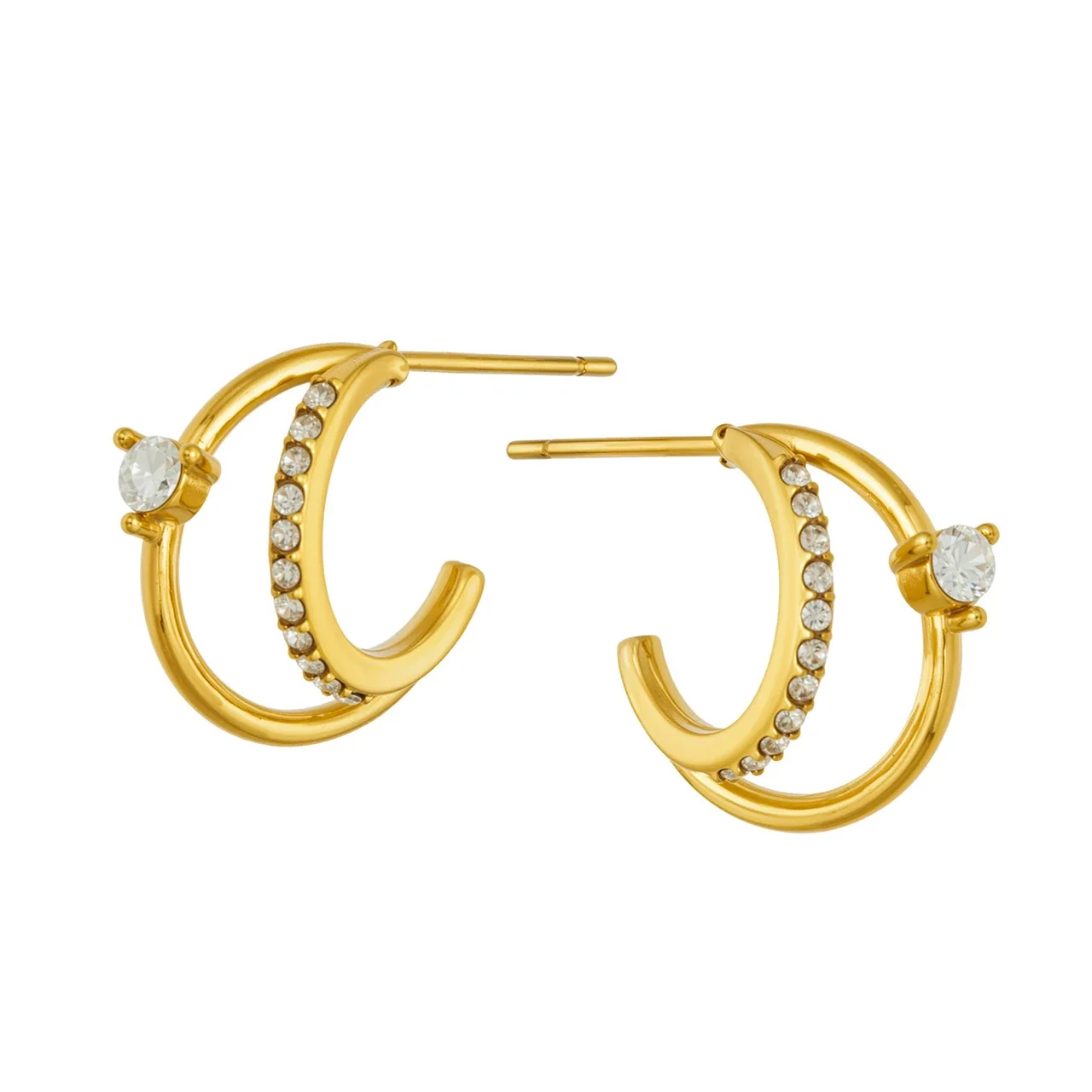 Sculptural Stainless Steel Double Hoop Pavé CZ Earrings