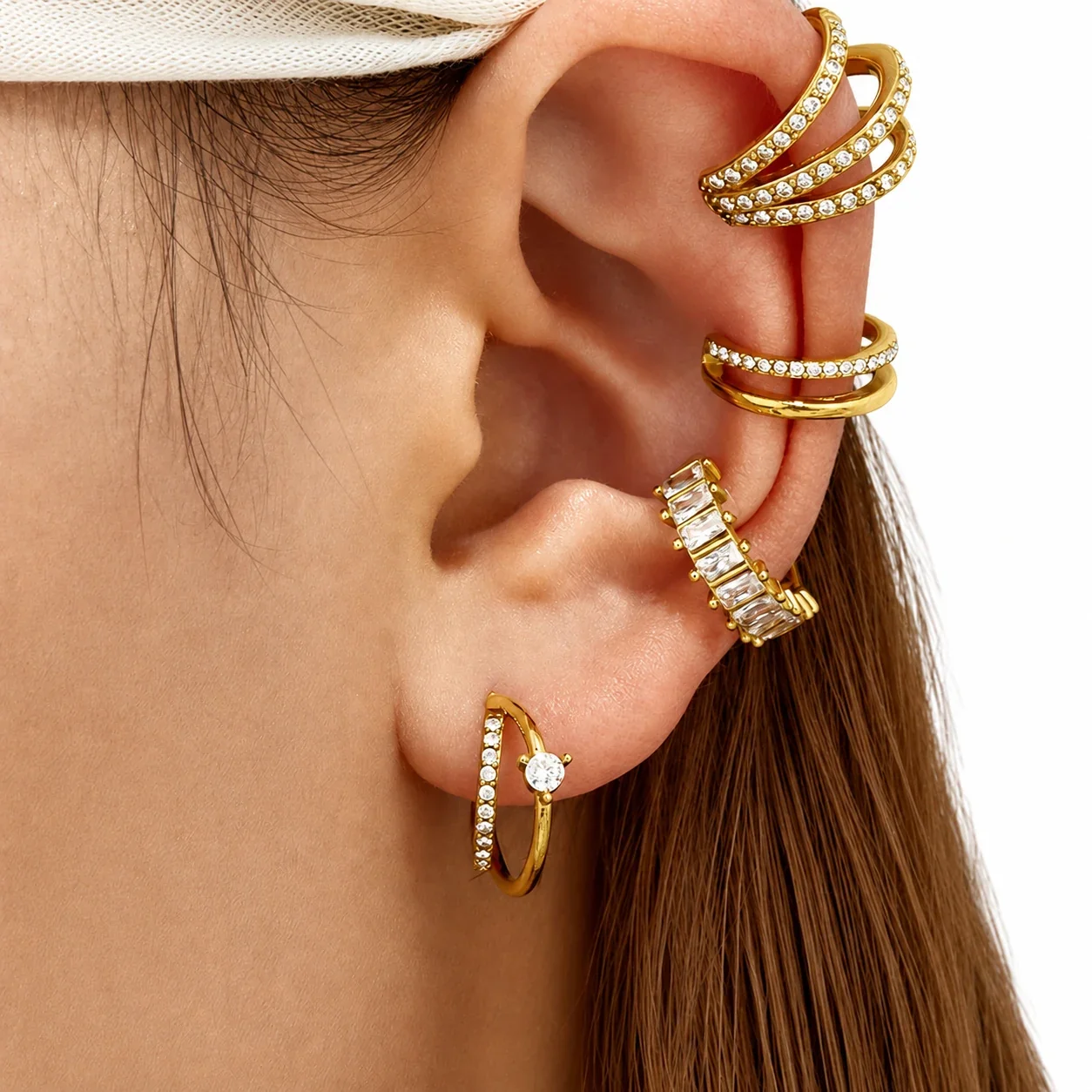 Sculptural Stainless Steel Double Hoop Pavé CZ Earrings