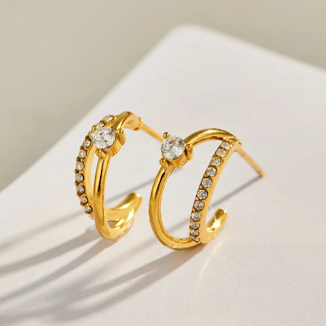 Sculptural Stainless Steel Double Hoop Pavé CZ Earrings