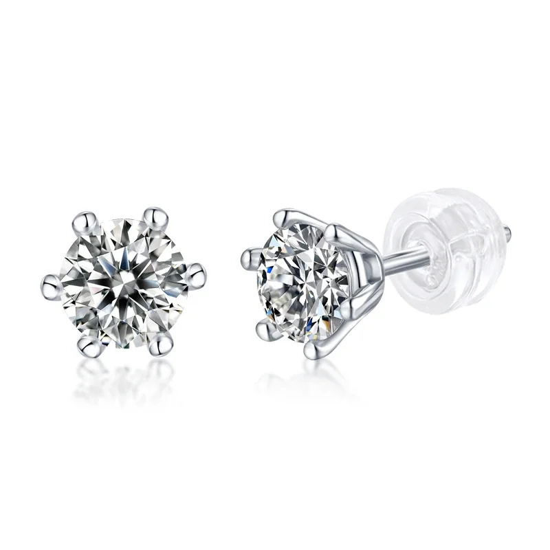 Brilliant 925 Sterling Silver Round Moissanite Six-Prong Stud Earrings