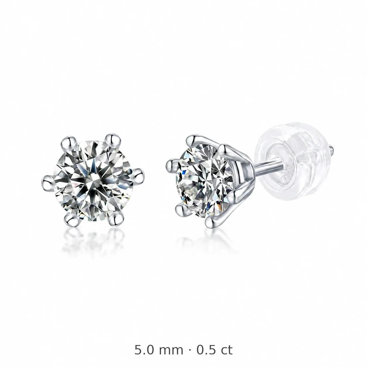 Brilliant 925 Sterling Silver Round Moissanite Six-Prong Stud Earrings - 5.0 mm / 0.5 ct Moissanite / Sterling Silver
