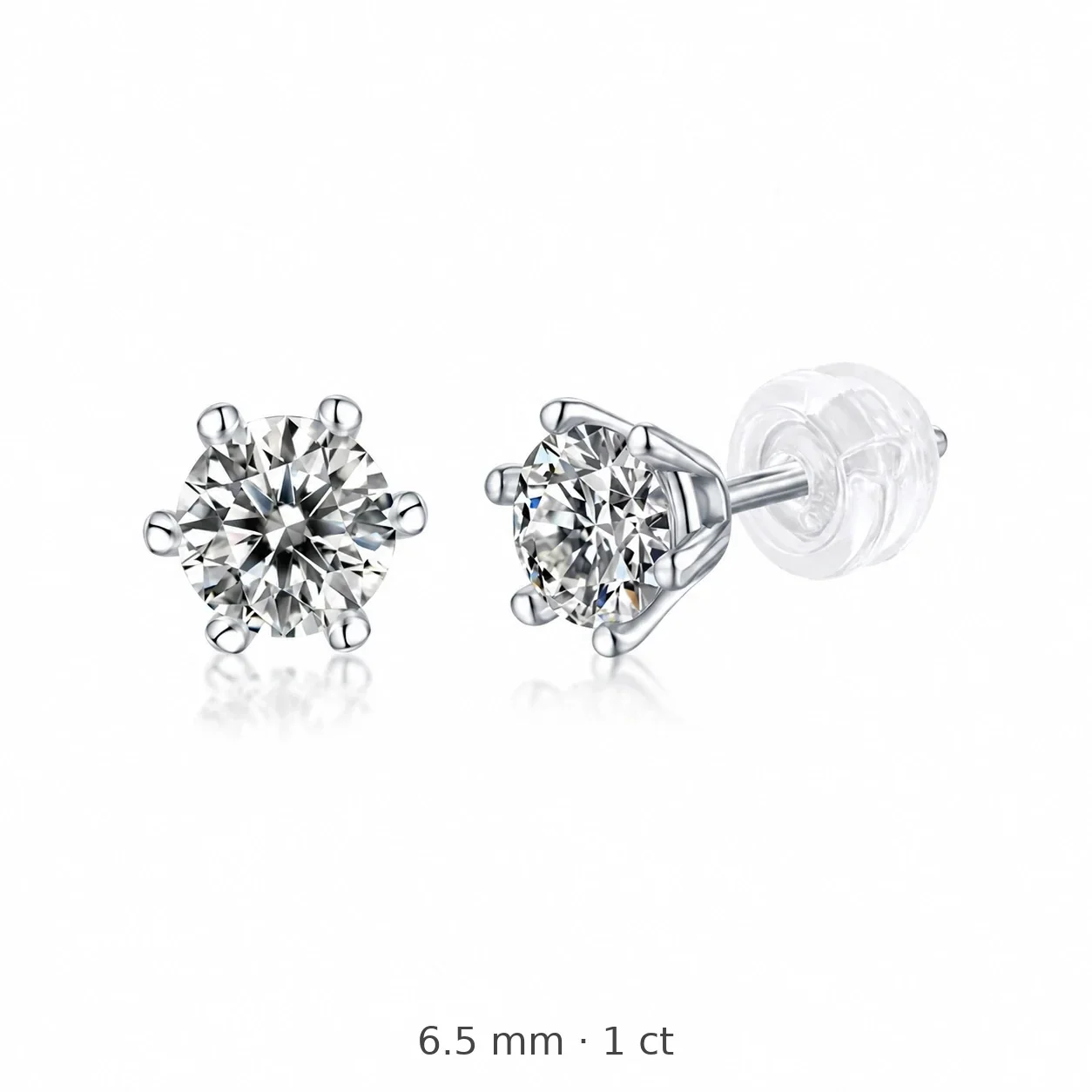 Brilliant 925 Sterling Silver Round Moissanite Six-Prong Stud Earrings - 6.5 mm / 1 ct Moissanite / Sterling Silver