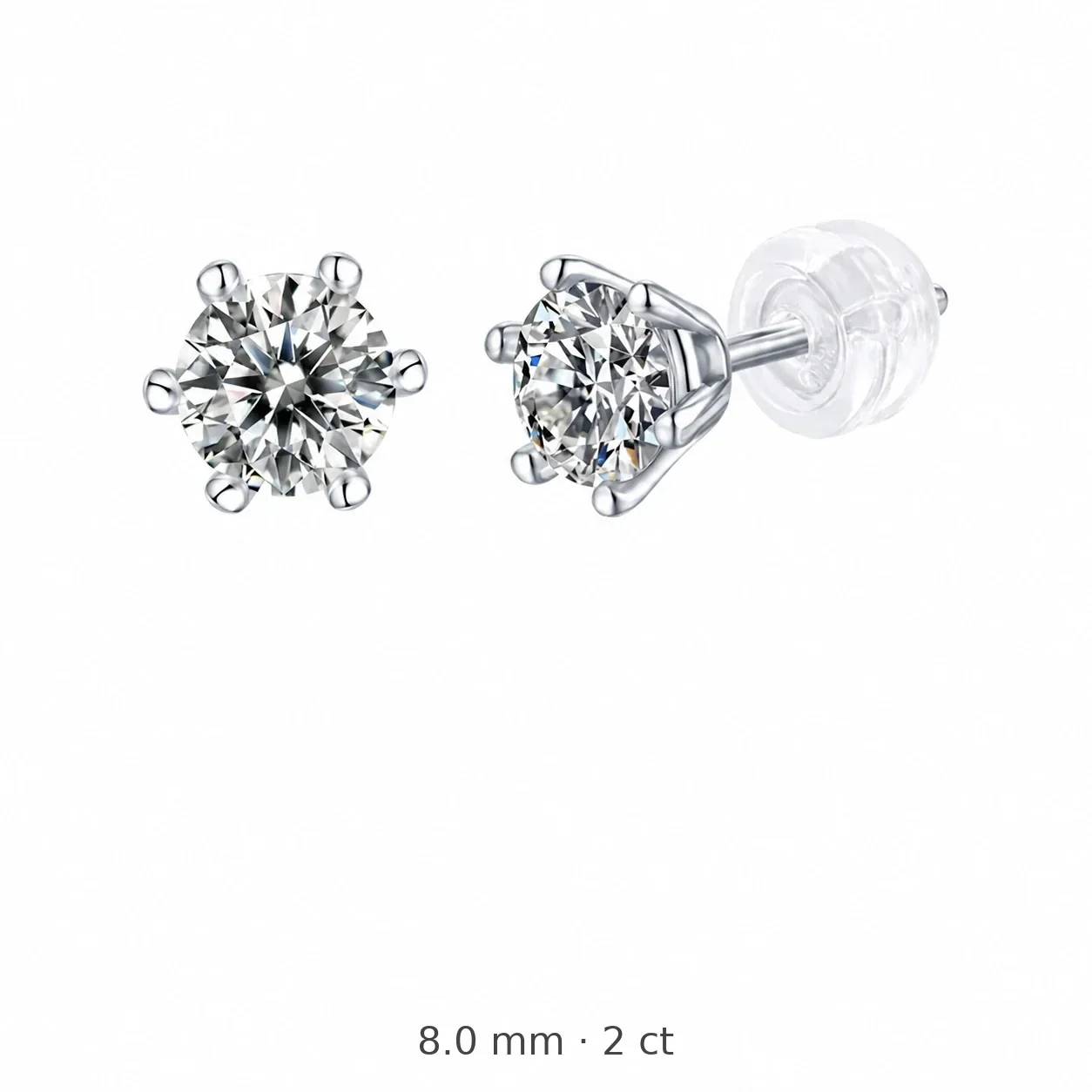 Brilliant 925 Sterling Silver Round Moissanite Six-Prong Stud Earrings - 8.0 mm / 2 ct Moissanite / Sterling Silver