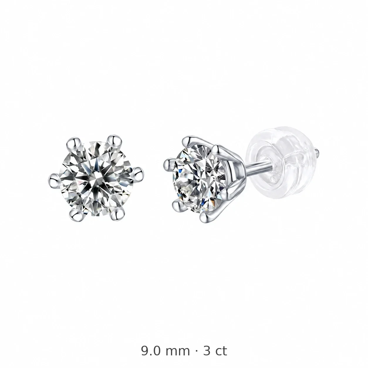 Brilliant 925 Sterling Silver Round Moissanite Six-Prong Stud Earrings - 9.0 mm / 3 ct Moissanite / Sterling Silver
