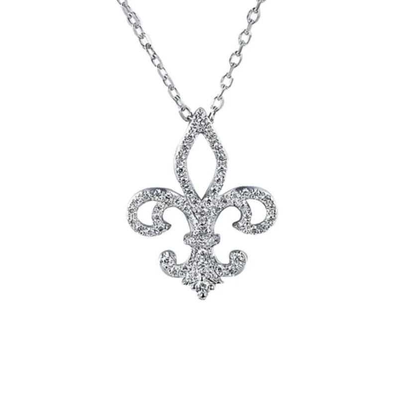 Ornate 925 Sterling Silver Pave Fleur-de-Lis Pendant Necklace