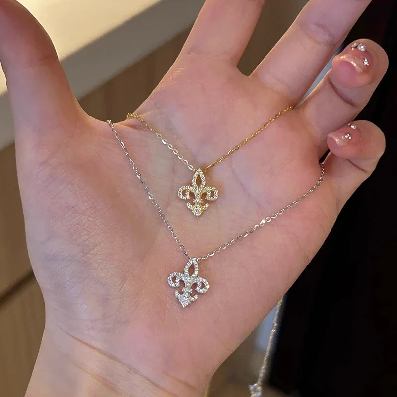 Ornate 925 Sterling Silver Pave Fleur-de-Lis Pendant Necklace