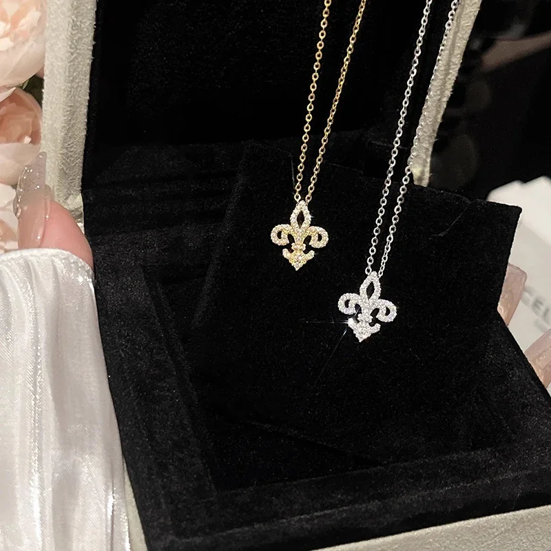 Ornate 925 Sterling Silver Pave Fleur-de-Lis Pendant Necklace