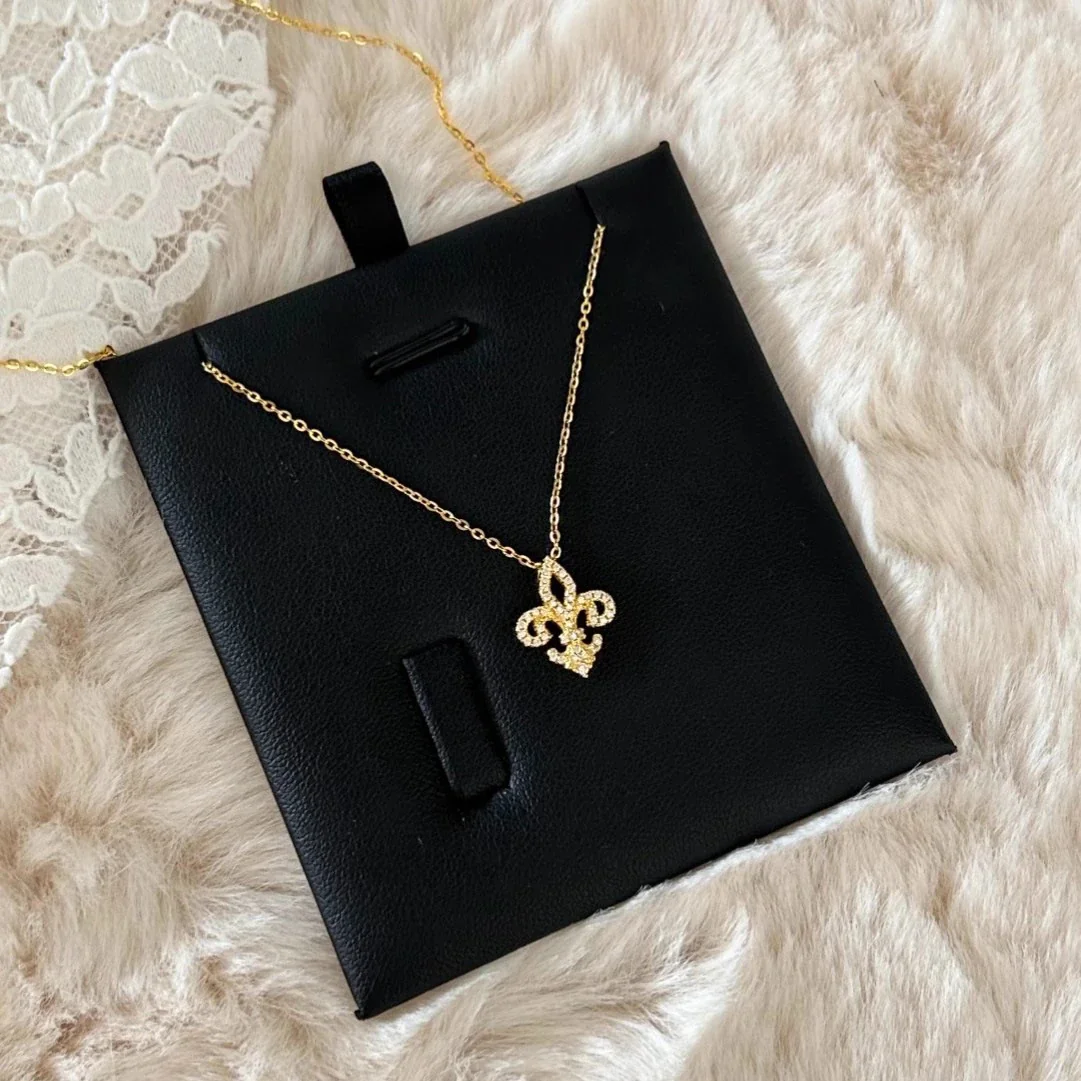 Ornate 925 Sterling Silver Pave Fleur-de-Lis Pendant Necklace - Gold