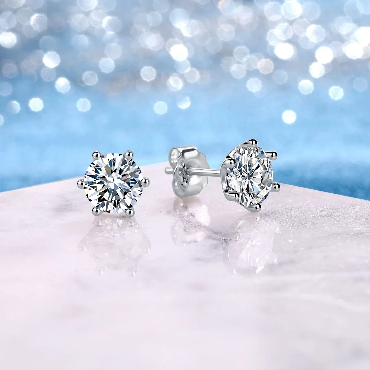 Round Brilliant-Cut Basket-Set 925 Sterling Silver Stud Earrings