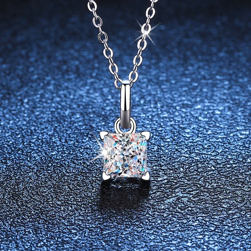 Refined 925 Sterling Silver Princess-Cut Four-Prong Pendant Necklace
