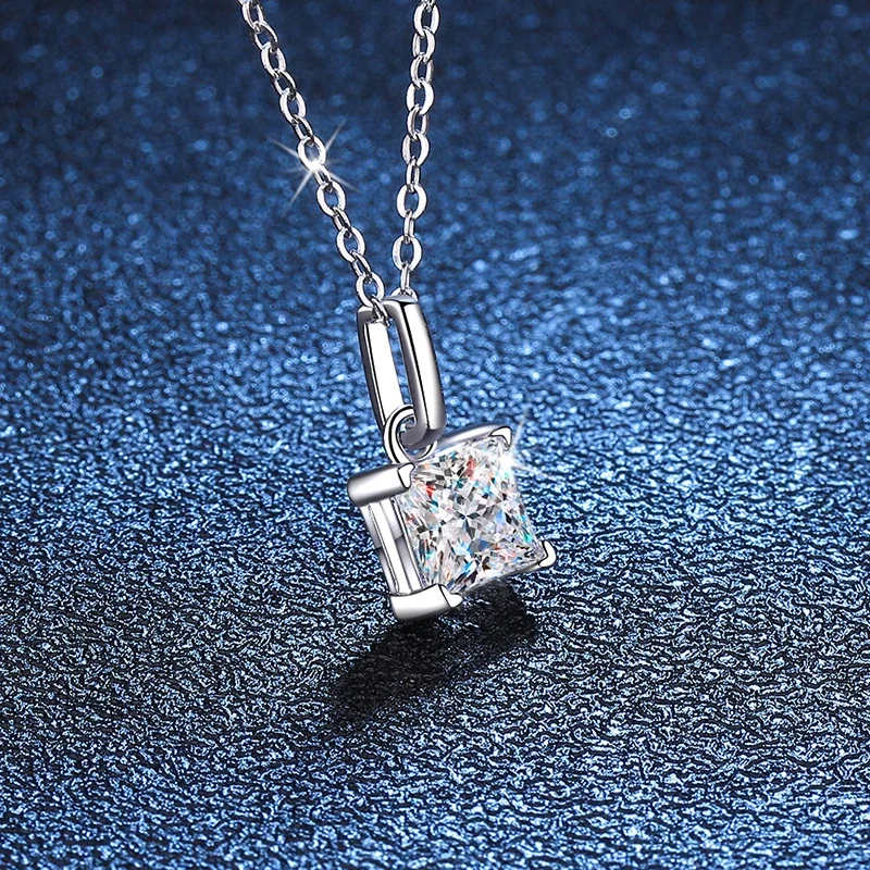 Refined 925 Sterling Silver Princess-Cut Four-Prong Pendant Necklace