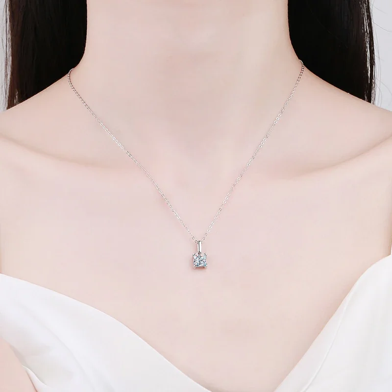 Refined 925 Sterling Silver Princess-Cut Four-Prong Pendant Necklace