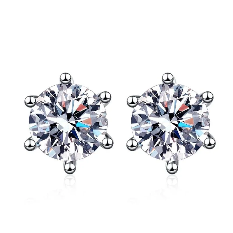 Refined Six-Prong Round Moissanite 925 Silver Stud Earrings