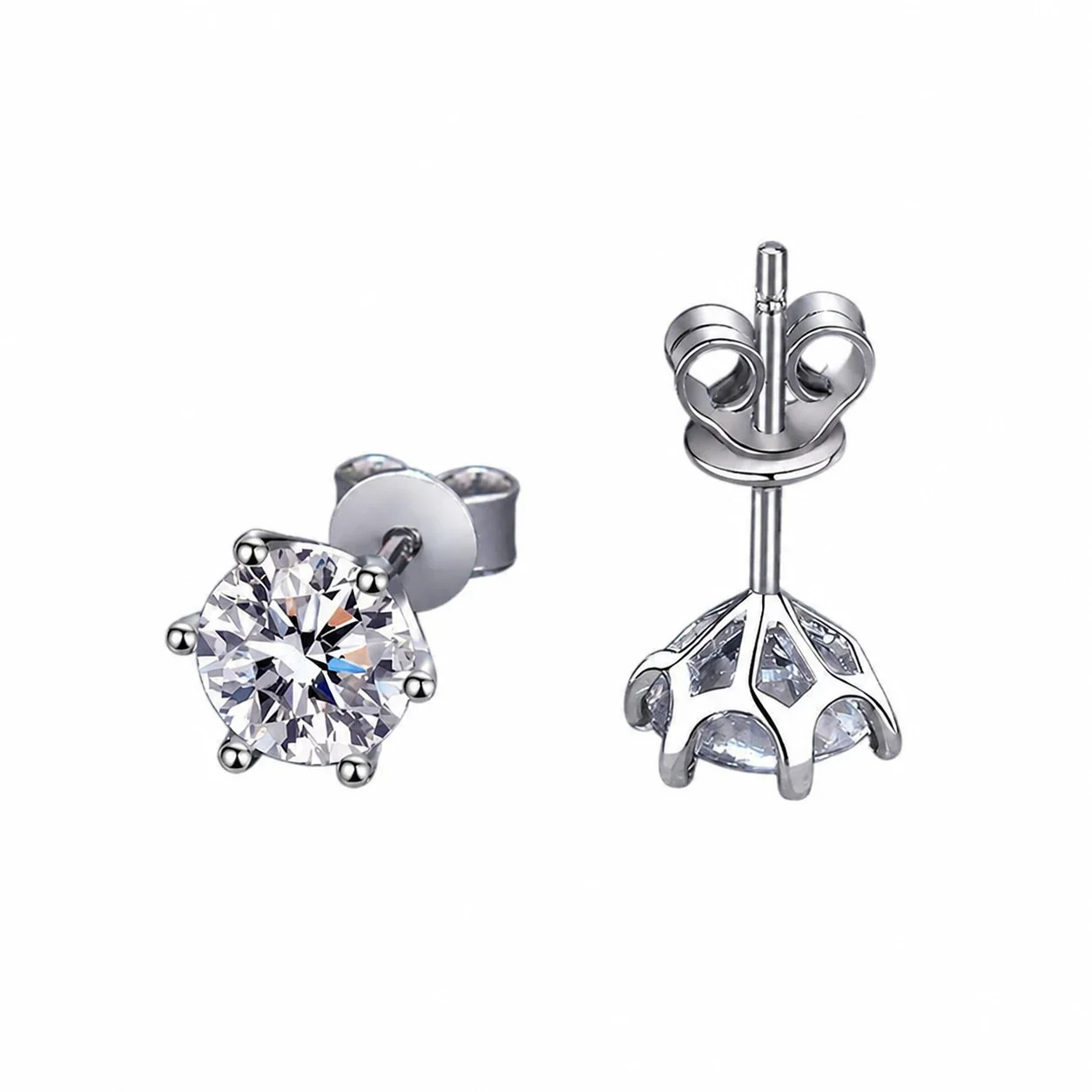 Refined Six-Prong Round Moissanite 925 Silver Stud Earrings