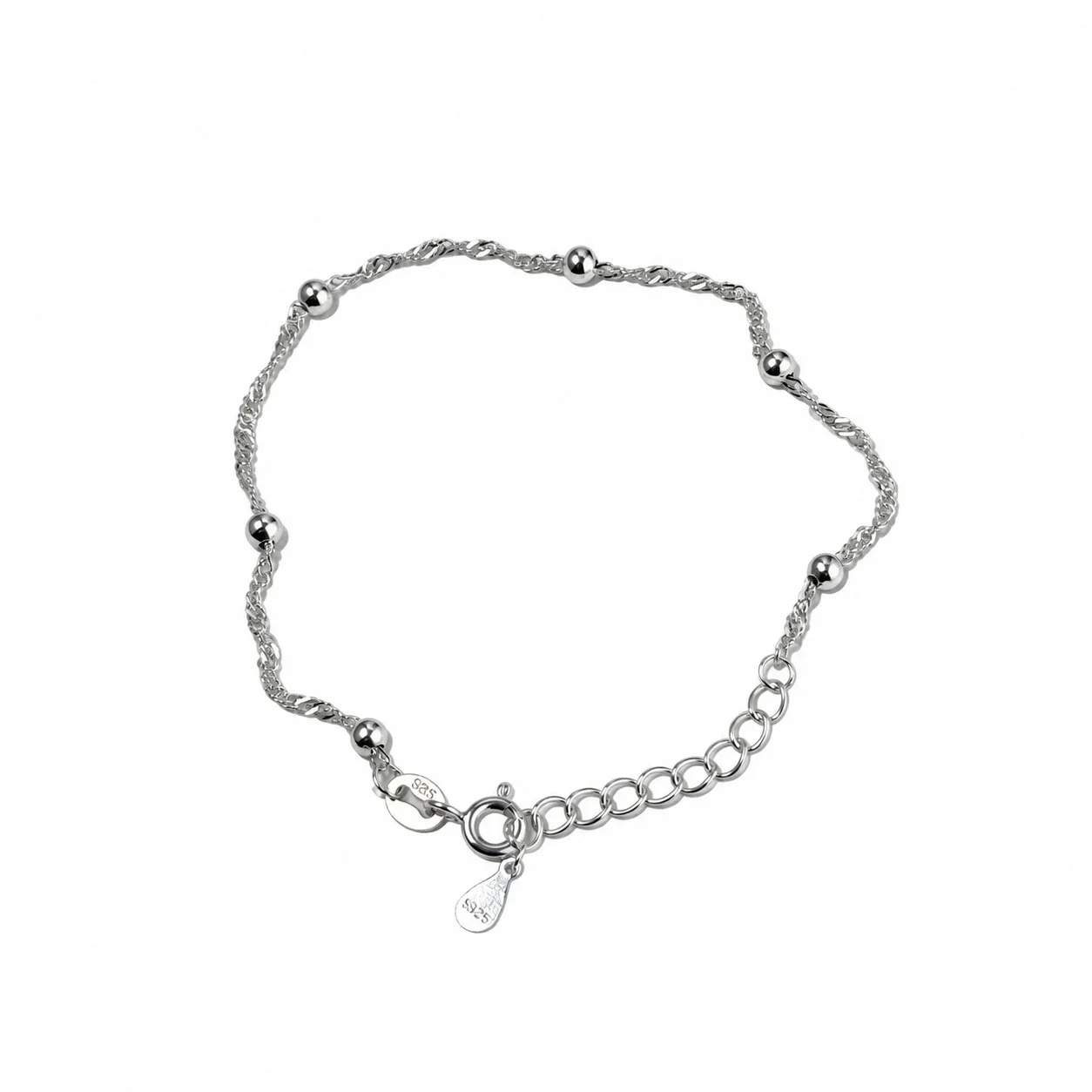 Delicate 925 Sterling Silver Beaded Rope Chain Bracelet