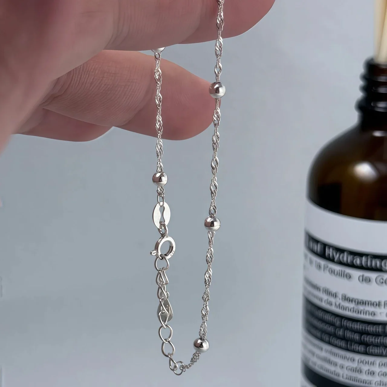 Delicate 925 Sterling Silver Beaded Rope Chain Bracelet