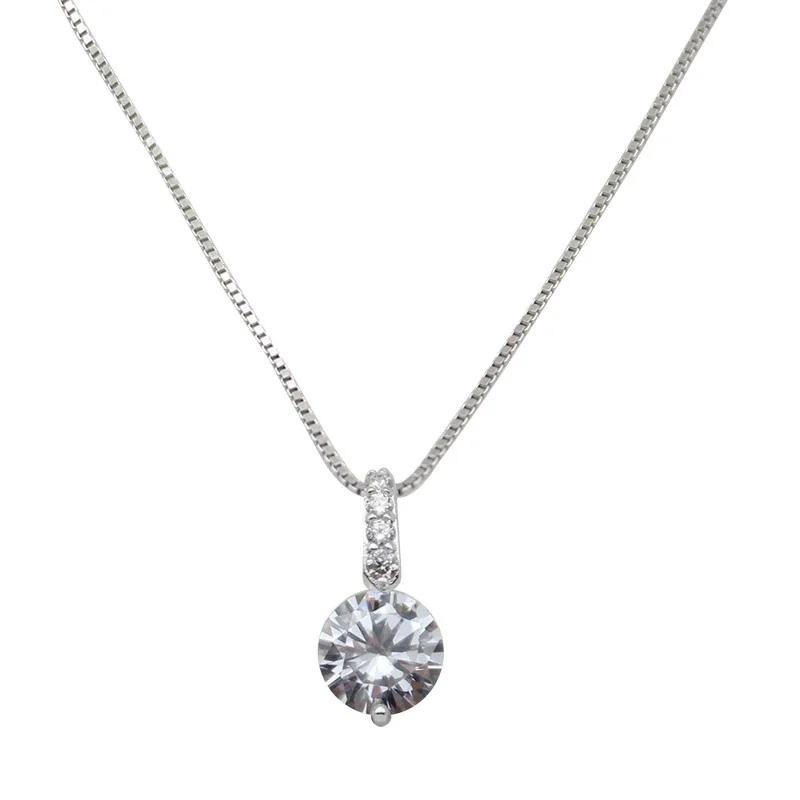 Delicate Round Crystal 925 Sterling Silver Box Chain Necklace