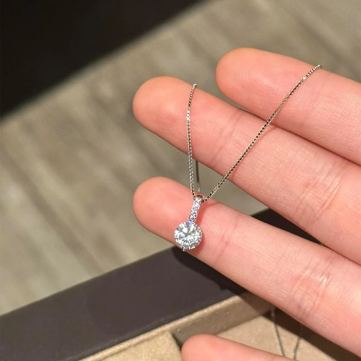 Delicate Round Crystal 925 Sterling Silver Box Chain Necklace