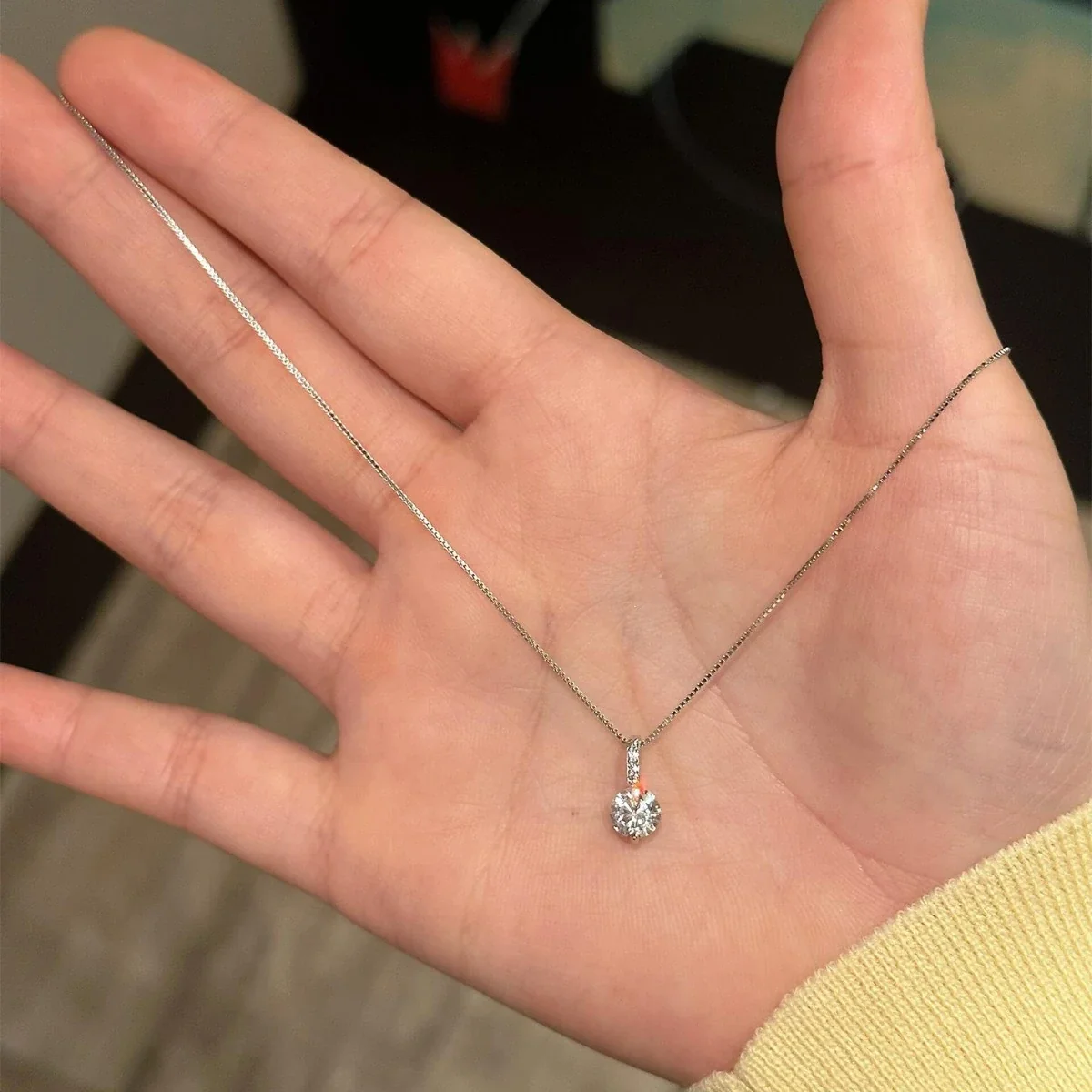 Delicate Round Crystal 925 Sterling Silver Box Chain Necklace