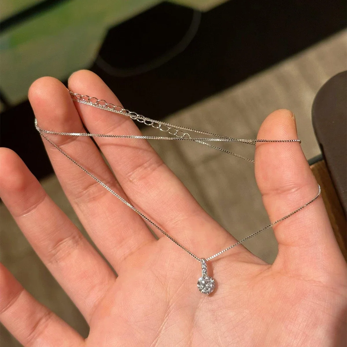 Delicate Round Crystal 925 Sterling Silver Box Chain Necklace